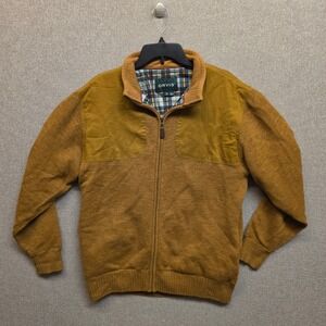 Vintage Orvis Mens M Mustard Yellow Wool Full Zip Cardigan Quilted Shoulder